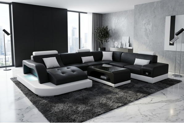 Skóra Sofa z USB Modern Siedziba Couch Podkładka Design Narożnik Żywy krajobraz Tabela