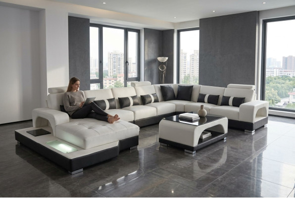 Skóra Sofa z USB Modern Siedziba Couch Podkładka Narożnik Couchen Żywy krajobraz + Tabela