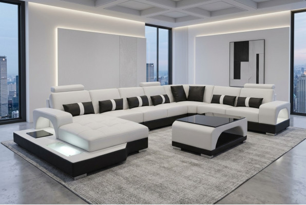 Skóra Sofa z USB Modern Siedziba Couch Podkładka Narożnik Couchen Żywy krajobraz + Tabela