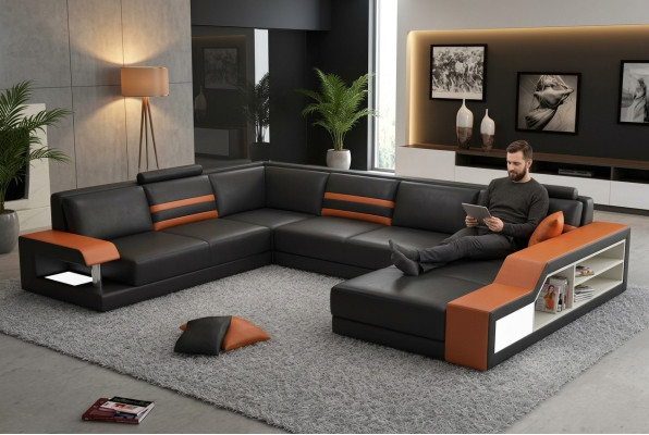 Designerska sofa Narożnikowa kanapa z USB, skórzana sofa Podkładka Siedziba Narożnik Ustawić kanapę LED
