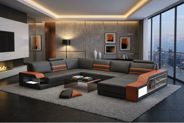 Designerska sofa Narożnikowa kanapa z USB, skórzana sofa Podkładka Siedziba Narożnik Ustawić kanapę LED