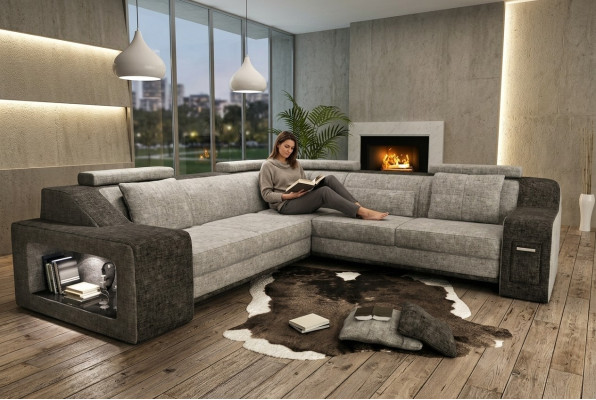 Narożnikowa kanapa Skóra Włókienniczy Sofa z USB,Podkładka Żywy krajobraz L Ustawić Siedziba Isching