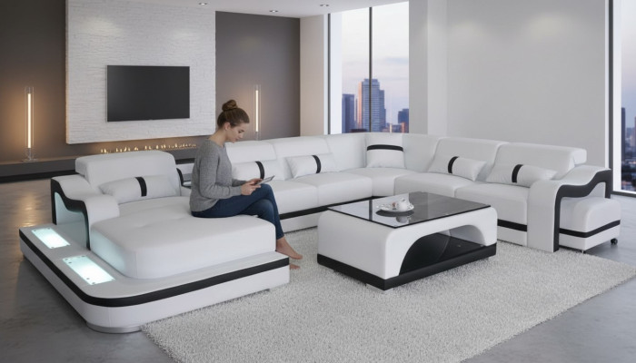 Narożnikowa kanapa Zestaw narożny Narożnik Sofa Sofa Podkładka Żywy krajobraz Tabela USB LED Nowość