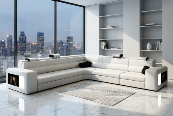 Skórzana sofa sofa z USB, Narożnikowa kanapa Siedziba Podkładka Żywy krajobraz XXL Big Weiden Biały