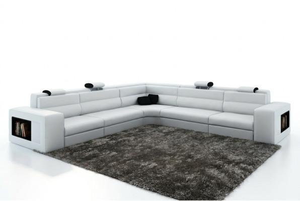 Skórzana sofa sofa z USB, Narożnikowa kanapa Siedziba Podkładka Żywy krajobraz XXL Big Weiden Biały