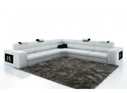 Skórzana sofa sofa z USB, Narożnikowa kanapa Siedziba Podkładka Żywy krajobraz XXL Big Weiden Biały