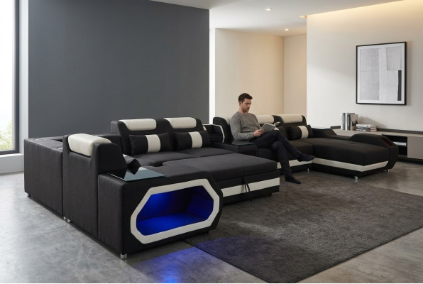Design XXL Nowoczesna Skóra Podkładka Narożnik Sofa Narożnik Żywy fotel krajobrazowy USB LED