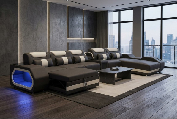Design XXL Nowoczesna Skóra Podkładka Narożnik Sofa Narożnik Żywy fotel krajobrazowy USB LED