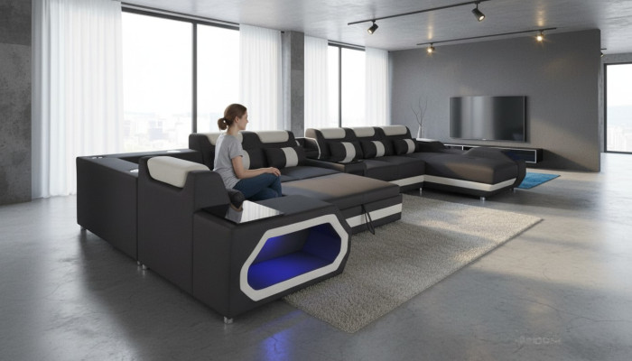 Luksusowa Sofa Narożna Nowoczesna Żywy krajobraz Sofy Zestaw narożny + Światło + USB