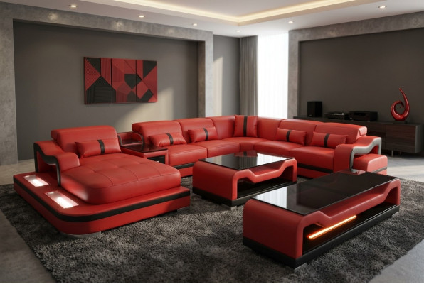 Skóra Sofa Kanapa Narożnikowa kanapa Zestaw narożny Żywy krajobraz + RTV + stolik kawowy + USB