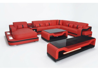 Skóra Sofa Kanapa Narożnikowa kanapa Zestaw narożny Żywy krajobraz + RTV + stolik kawowy + USB