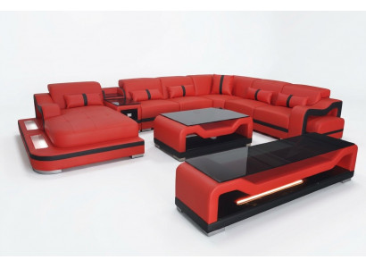 Skóra Sofa Kanapa Narożnikowa kanapa Zestaw narożny Żywy krajobraz + RTV + stolik kawowy + USB