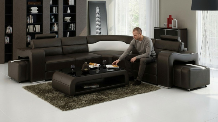 Skórzana sofa z USB,Żywy krajobrazu Narożnikowa kanapa Narożnik Ustaw Design Modern Sofa F3008B