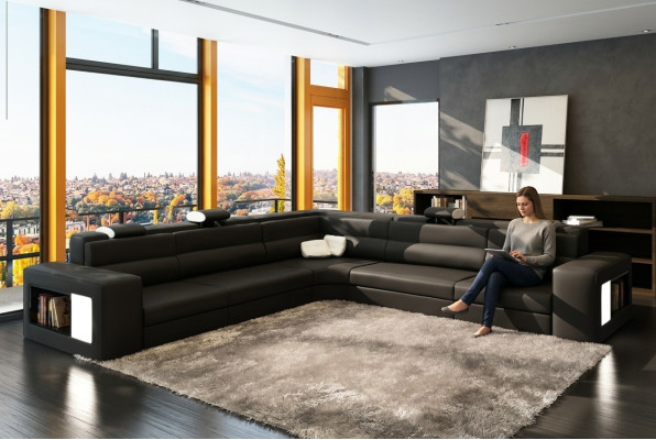 Skórzana sofa sofa z USB Narożnikowa kanapa Siedziba Podkładka Żywy krajobraz XXL Big Weiden Black
