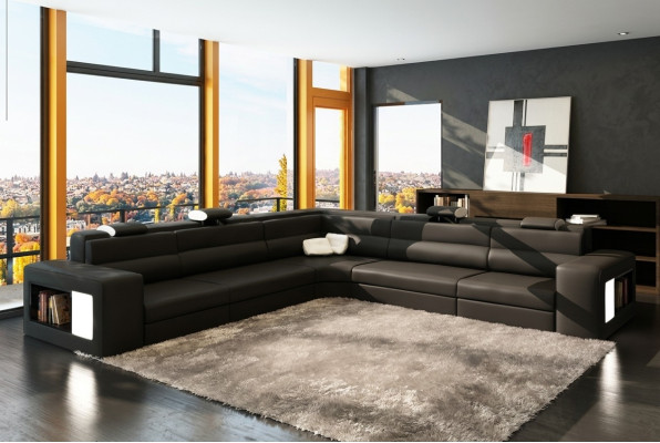 Skórzana sofa sofa z USB Narożnikowa kanapa Siedziba Podkładka Żywy krajobraz XXL Big Weiden Black