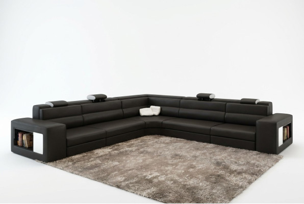 Skórzana sofa sofa z USB Narożnikowa kanapa Siedziba Podkładka Żywy krajobraz XXL Big Weiden Black