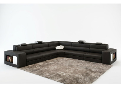 Skórzana sofa sofa z USB Narożnikowa kanapa Siedziba Podkładka Żywy krajobraz XXL Big Weiden Black