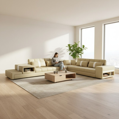 Narożnikowa kanapa Sofa Couch USB Podkładka Żywy krajobraz Skórzana sofa w kształcie litery L New Beige