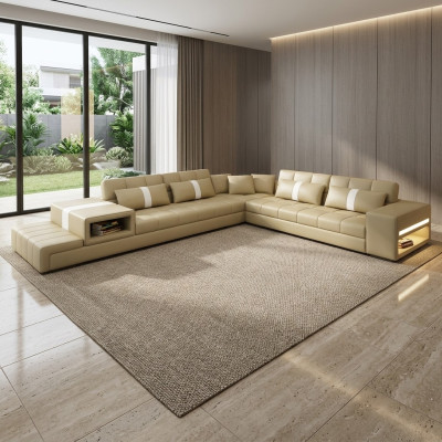 Narożnikowa kanapa Sofa Couch USB Podkładka Żywy krajobraz Skórzana sofa w kształcie litery L New Beige