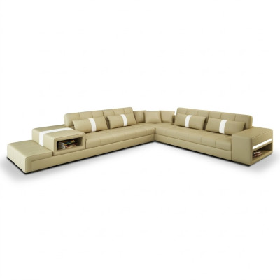 Narożnikowa kanapa Sofa Couch USB Podkładka Żywy krajobraz Skórzana sofa w kształcie litery L New Beige