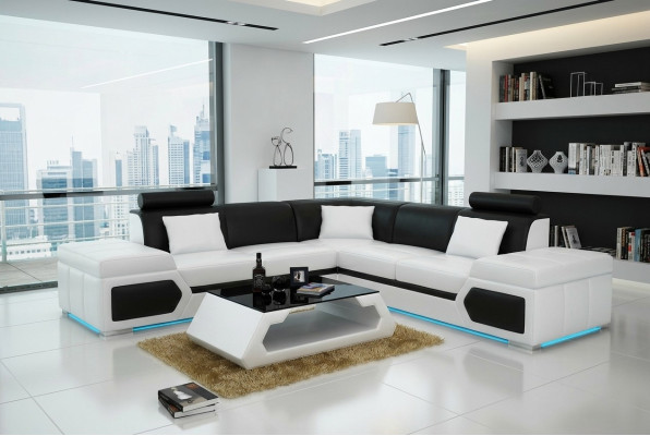 Skórzana sofa w kształcie litery L Żywy krajobraz Narożnikowa kanapa Ustawić Design Nowoczesna Sofa + USB