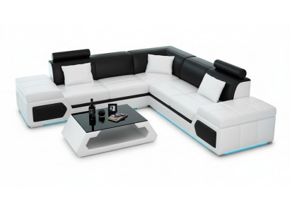 Skórzana sofa w kształcie litery L Żywy krajobraz Narożnikowa kanapa Ustawić Design Nowoczesna Sofa + USB