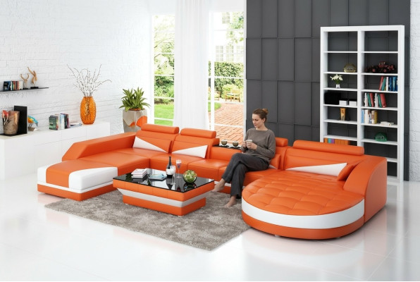 Skórzana sofa kanapa Żywy krajobraz Narożnikowa kanapa Ustawić Design Nowoczesna Sofa USB Pomarańczowa