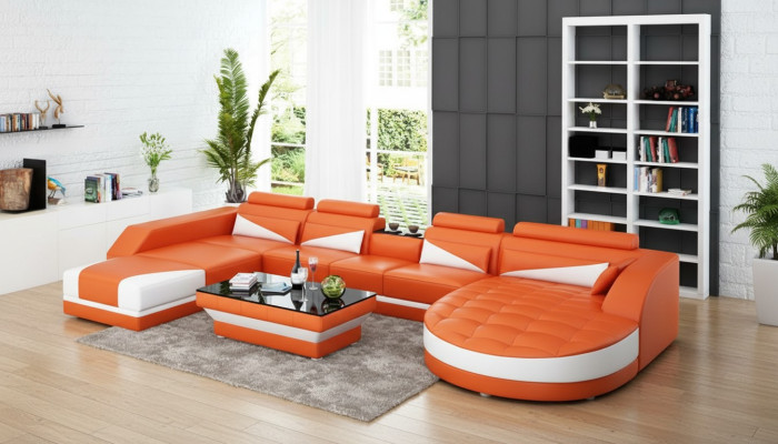 Skórzana sofa kanapa Żywy krajobraz Narożnikowa kanapa Ustawić Design Nowoczesna Sofa USB Pomarańczowa