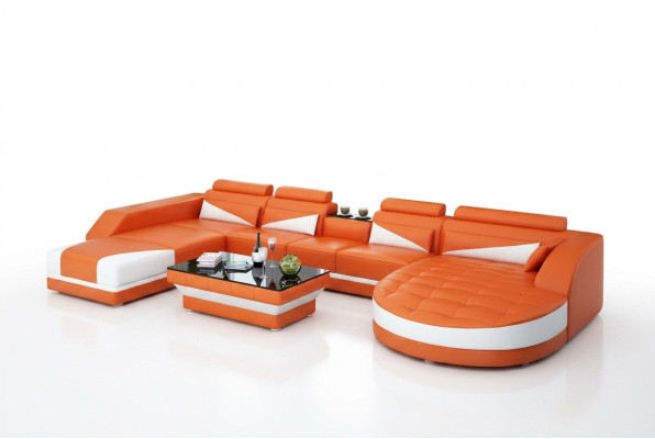 Skórzana sofa kanapa Żywy krajobraz Narożnikowa kanapa Ustawić Design Nowoczesna Sofa USB Pomarańczowa