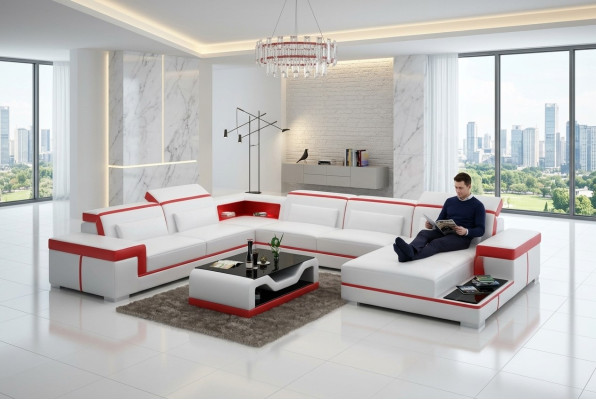 Nowoczesna sofa skórzana Podkładka Zestaw narożnikowy kanapa Couch Żywy krajobraz +USB