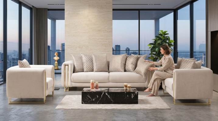 Design Włókienniczy 3 miejsce do siedzenia Biały Elegancka Nowoczesna Sofa Tapicerowana Kanapa Nowy Salon
