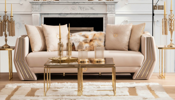 Sofa Luksusowa 3 miejsce do siedzenia Sofa Podkładka Drewno Skóra Salon Sofy Trzyosobowe Nowe