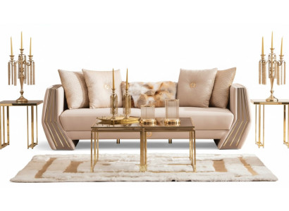 Sofa Luksusowa 3 miejsce do siedzenia Sofa Podkładka Drewno Skóra Salon Sofy Trzyosobowe Nowe