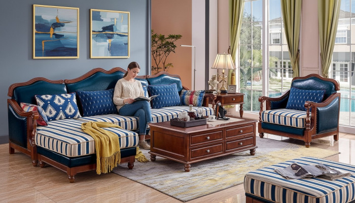 Niebieska Kanapa Narożnikowa z Fotel Sofa Kolonialna Meble Antyk Style Sofy