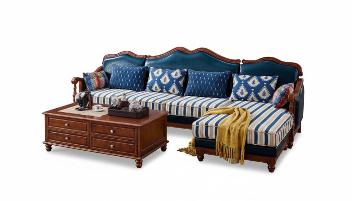 Niebieska skórzana kanapa Narożnikowa kanapa Podkładka Meble Classic Chesterfield Meble