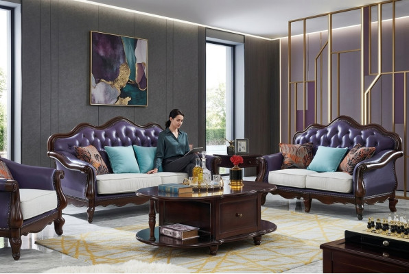 Skórzana Sofa Chesterfield Fioletowa Sofa Klasyczny Zestaw sofowy Zestaw Kanap
