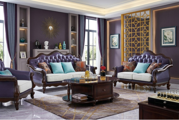 Skórzana Sofa Chesterfield Fioletowa Sofa Klasyczny Zestaw sofowy Zestaw Kanap
