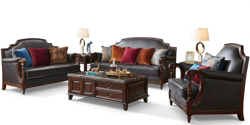 Luksusowe Meble Zestaw sofowy Kanapa Sofa 3 2 1 miejsce siedzące Salon Drewno 3szt.