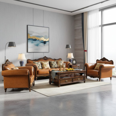 Zestaw sofowy 3+1 miejsce do siedzenia Kanapa Skórzana sofa Klasyczne kanapy Pomarańczowa