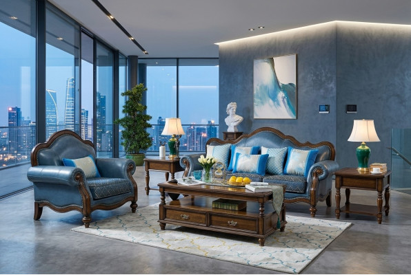 Błękitny Barokowy Rokoko Chesterfield Zestaw sofowy Sofa 3+1 Siedziba Ustawić