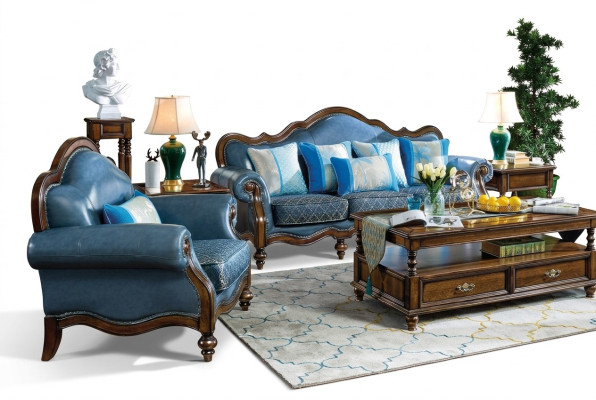 Błękitny Barokowy Rokoko Chesterfield Zestaw sofowy Sofa 3+1 Siedziba Ustawić