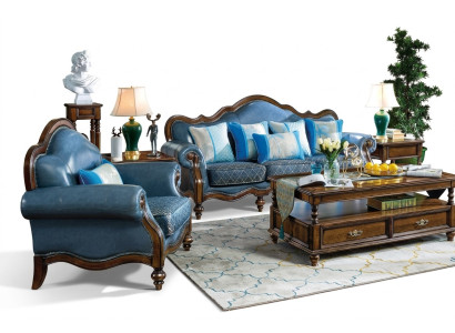 Błękitny Barokowy Rokoko Chesterfield Zestaw sofowy Sofa 3+1 Siedziba Ustawić