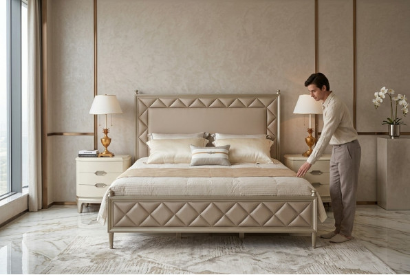 Sypialnia Łóżko Podkładka Design Meble Luxury Double Beige bed Skóra