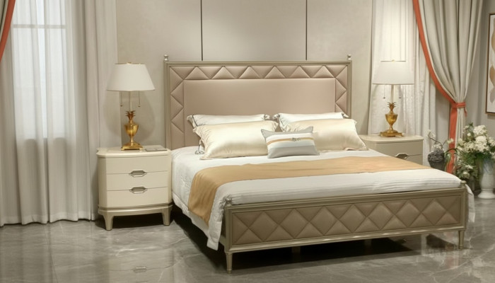 Sypialnia Łóżko Podkładka Design Meble Luxury Double Beige bed Skóra