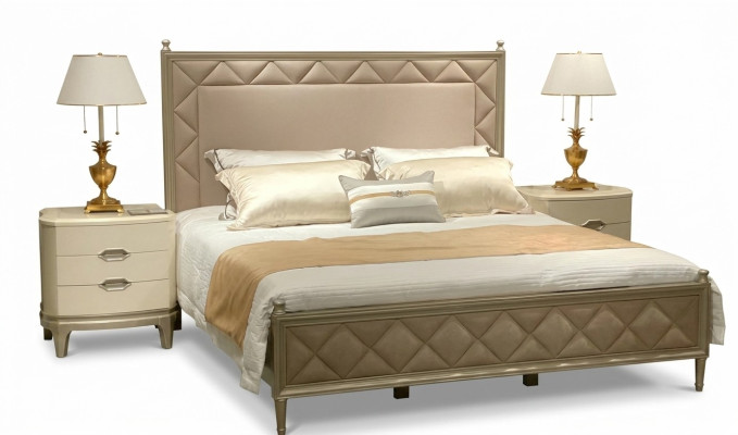 Sypialnia Łóżko Podkładka Design Meble Luxury Double Beige bed Skóra