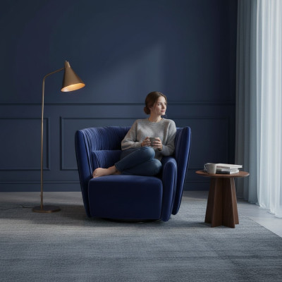 Fotel Jednomiejscowy Włoski Styl Podkładka Drewno Włókienniczy Prianera Luxury Blue