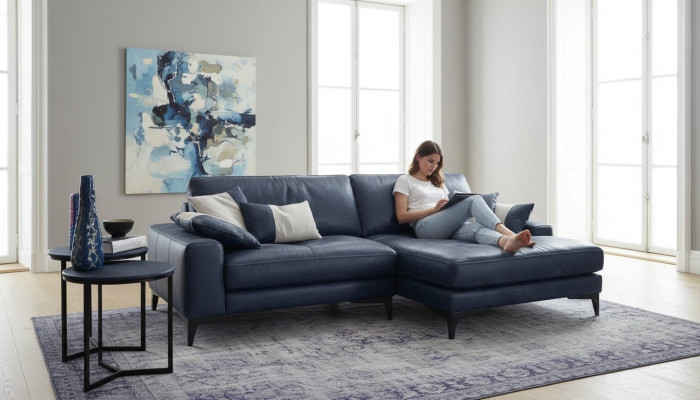 Narożnikowa kanapa Sofa Sofy do Salonu Skóra Luksusowy Styl L-Shape Nowoczesne Meble Niebieski Nowość
