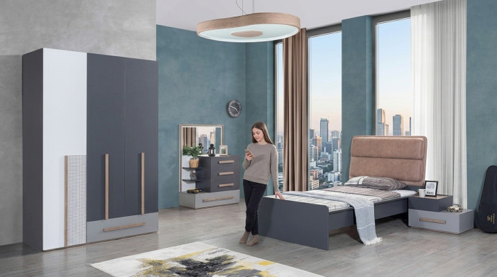 Zestaw do Pokoju Młodzieżowego Szare Łóżko Stolik nocny Szafa Design Nowy 4-częściowy.