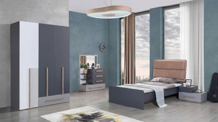 Zestaw do Pokoju Młodzieżowego Szare Łóżko Stolik nocny Szafa Design Nowy 4-częściowy.
