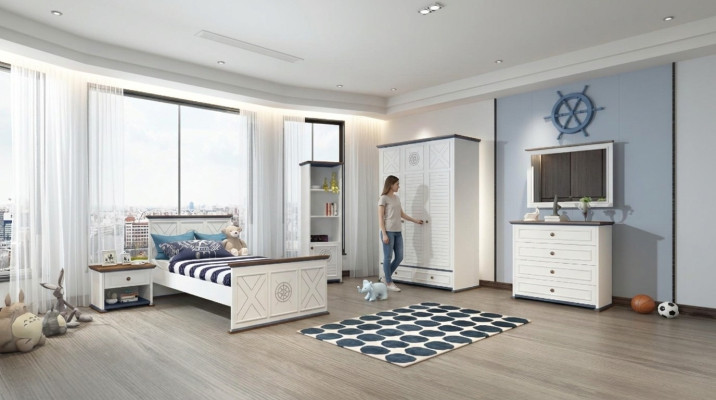 Kompletne łóżko jednoosobowe do pokoju młodzieżowego Szafa Kredens z Lustro Design 6 sztuk